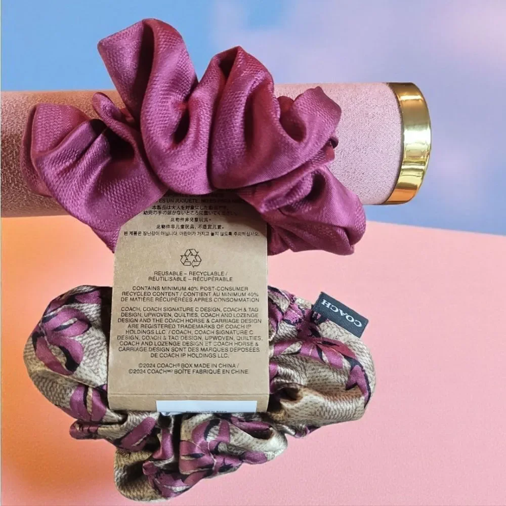 Coach Signature Bow Print Silk Blend Hair Tie Duo NWT
